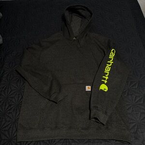 Carhartt Charcoal Hoodie with Neon Yellow Sleeve Logo